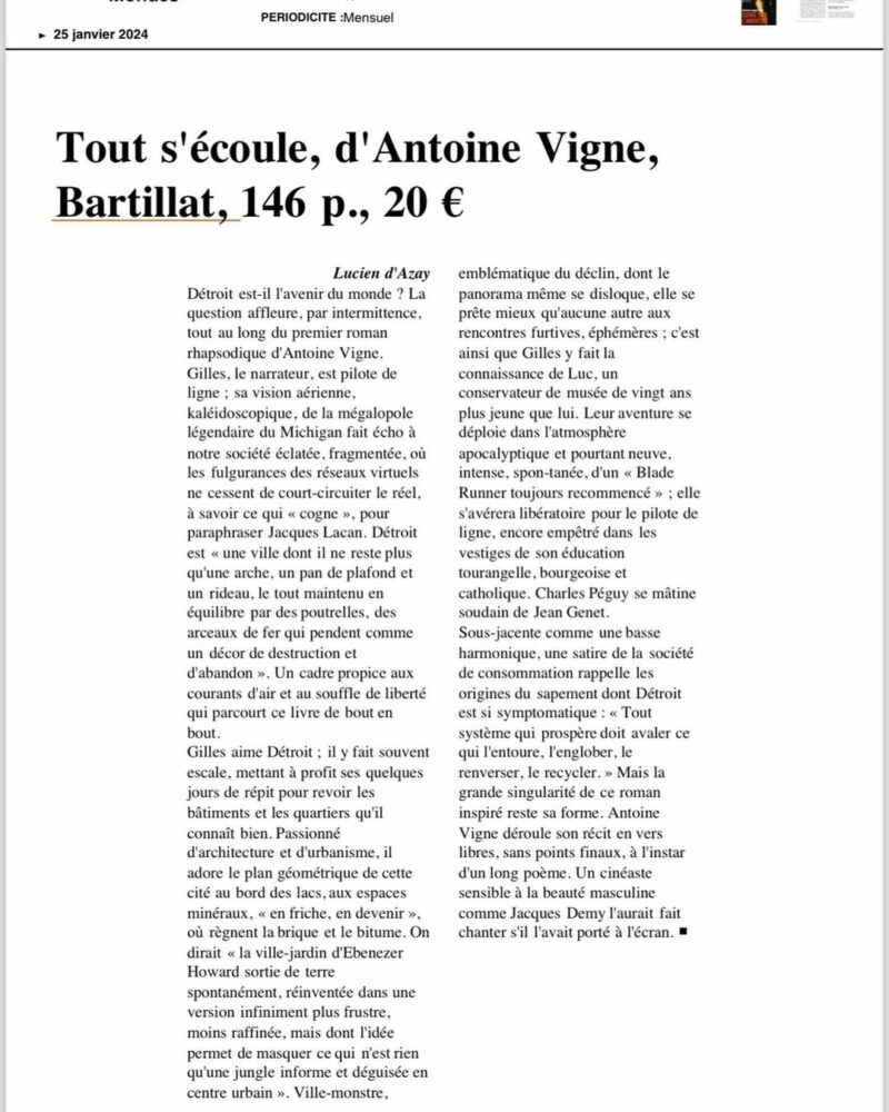 Bel article à propos de Tout s’écoule dans la … - Antoine Vigne